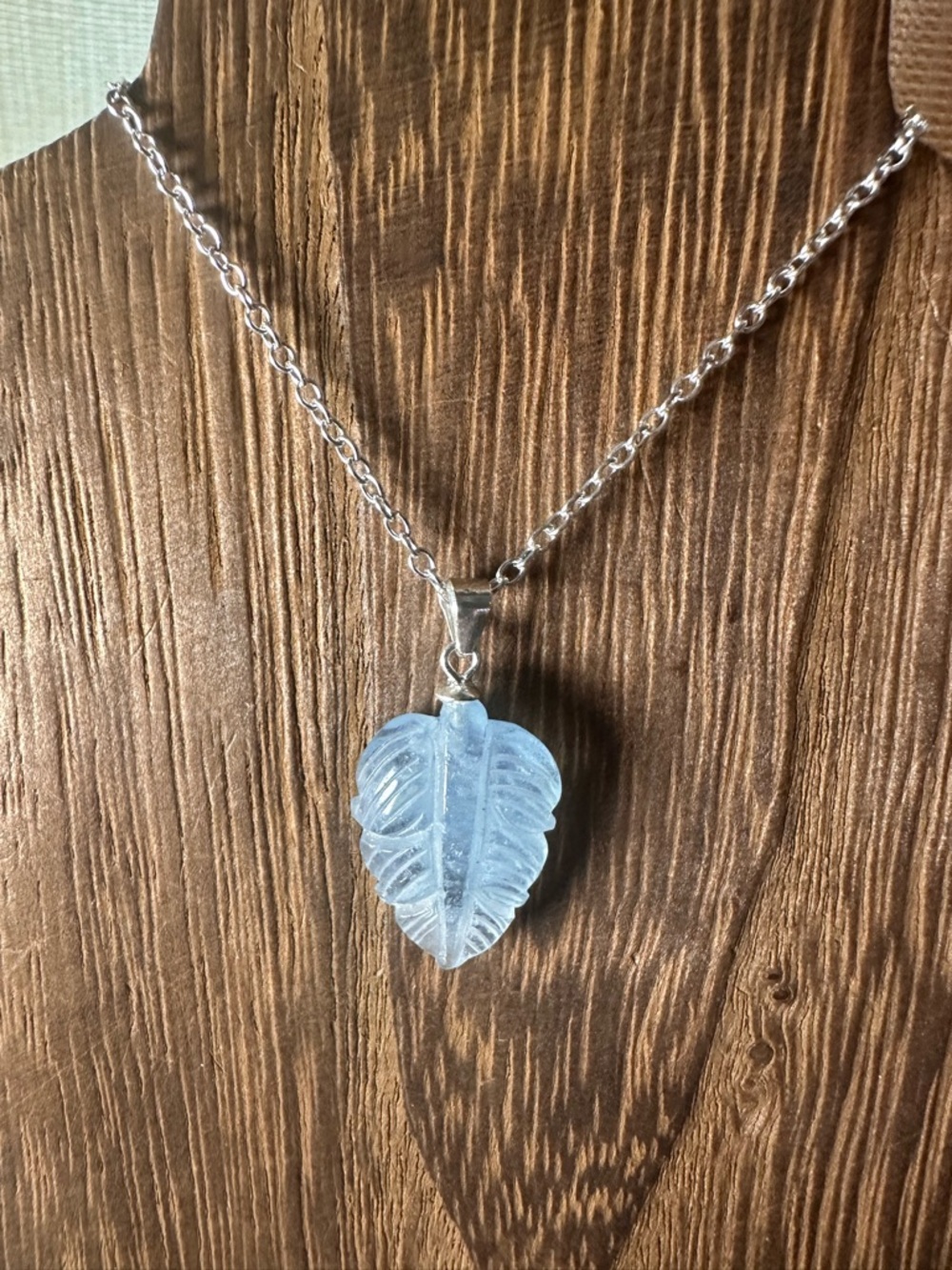 Small Aquamarine Leaf Pendant on Sterling Silver Bail and Silver Plated Chain - Picture 4 of 15